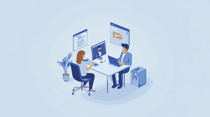 Naklejka premium A flat vector illustration | A person sitting at the desk doing all the office work with a laptop. And he is thinking about digital marketing. Art & Illustration