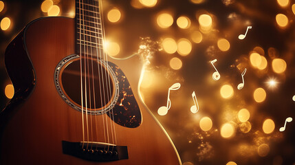 Naklejka premium Gitara z delikatnymi nutami unoszącymi się w powietrzu, otoczona subtelnymi światłami bokeh, oddaje atmosferę muzycznej inspiracji.