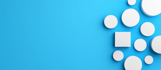 An abstract background in white and blue, showcasing a geometric arrangement of circles and squares in a random, textured pattern.