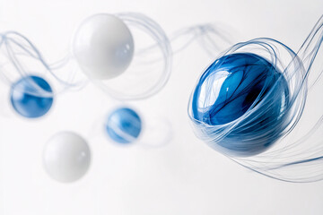 a close-up of floating blue and white spheres connected by delicate translucent lines creating an elegant abstract composition  
