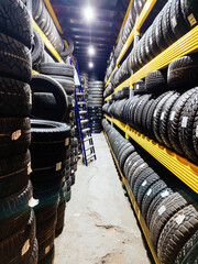Stack of tires for sale in warehouse