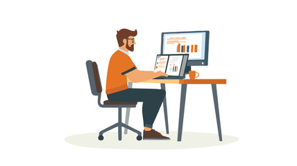 A flat vector illustration | A person sitting at the desk doing all the office work with a laptop. And he is thinking about digital marketing.  Art & Illustration