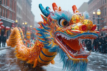 Obraz premium Colorful dragon dance during Chinese New Year celebration in snowy downtown area