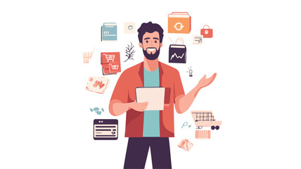 A flat vector illustration | A person sitting at the desk doing all the office work with a laptop. And he is thinking about digital marketing.  Art & Illustration