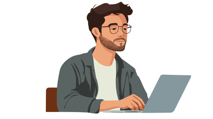 A flat vector illustration | A person sitting at the desk doing all the office work with a laptop. And he is thinking about digital marketing.  Art & Illustration