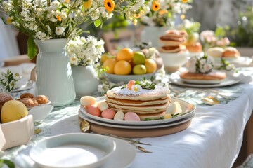 Spring brunch table setting with citrus and white flowers, elegant entertaining concept for Easter celebrations and seasonal gatherings. for lifestyle content, event planning, home decor inspiration. 