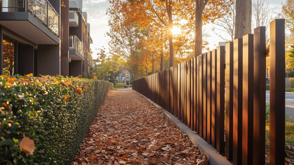 Ścieżka pokryta jesiennymi liśćmi prowadzi wzdłuż drewnianego płotu. Wokół rosną drzewa i krzewy oświetlone delikatnym blaskiem zachodzącego słońca. 