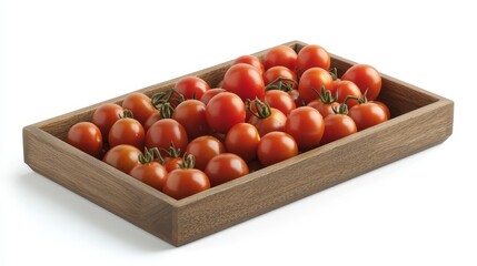 A wooden tray filled with lots of red tomatoes