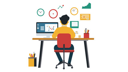 A flat vector illustration | A person sitting at the desk doing all the office work with a laptop. And he is thinking about digital marketing.  Art & Illustration