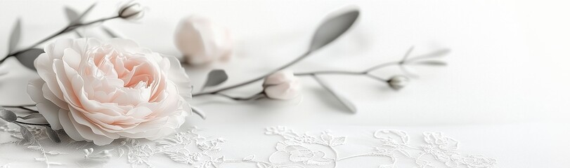 Romantic floral arrangement with a soft pink rose on delicate lace background, ideal for wedding invitations or romantic designs, showcasing elegant beauty in soft tones and gentle elegance