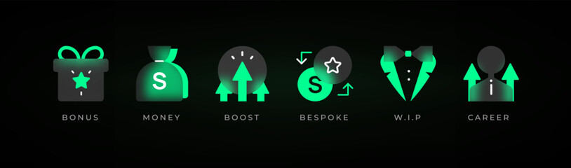 Glassmorphism icons. Realistic glassmorphism UI icons set. Vector collection of glassmorphism gradient elements for your design. Bonus, Boost , Career, Bespoke, Gift, W.I.P