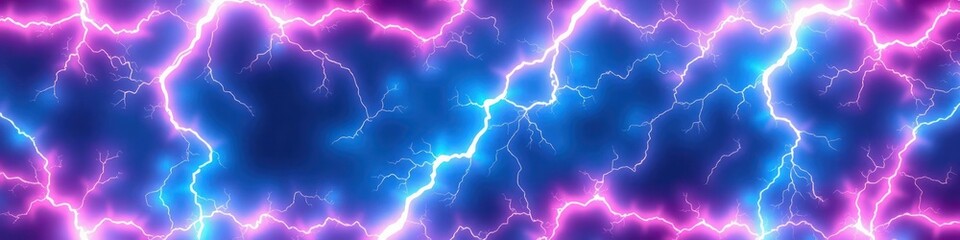Abstract illustration of a dynamic lightning storm. Bright pink and blue lightning patterns against a dark background. Suggests energy and power. Suitable as a background for a variety of designs.