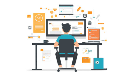 A flat vector illustration | A person sitting at the desk doing all the office work with a laptop. And he is thinking about digital marketing.  Art & Illustration