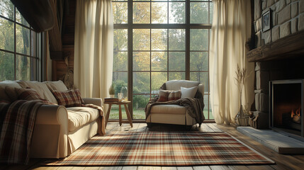 Fototapeta premium Cozy rustic living room with large windows, soft curtains, and a warm fireplace