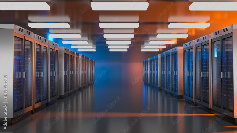 Poster server. server data center. backup, mining, hosting, mainframe, farm and computer rack with storage 