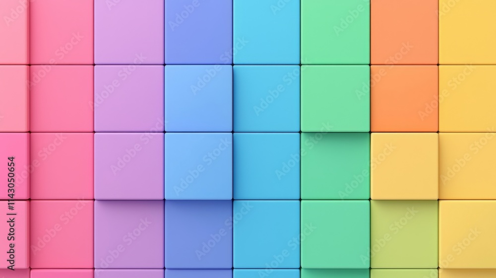 Poster the background features rainbow-colored tiles arranged in squares, transitioning from red to blue in