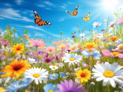 Ein bunte gute Laune Wiese mit vielen Blumen und Schmetterlingen im Sonnenlicht