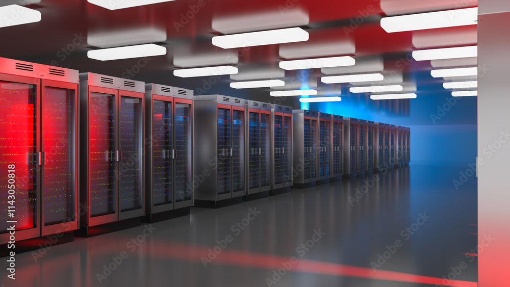Poster server. server data center. backup, mining, hosting, mainframe, farm and computer rack with storage 