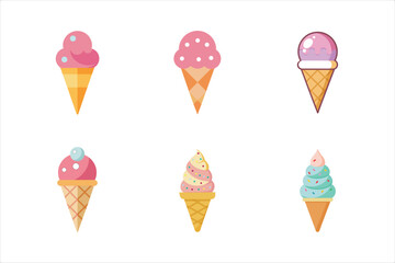  Tasty Waffle Cone with Ice Cream Set in Flat Icon Style