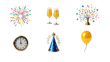 Festive New Year icons with party elements and fireworks for holiday design