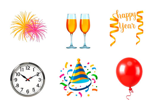 Festive New Year icons with party elements and fireworks for holiday design