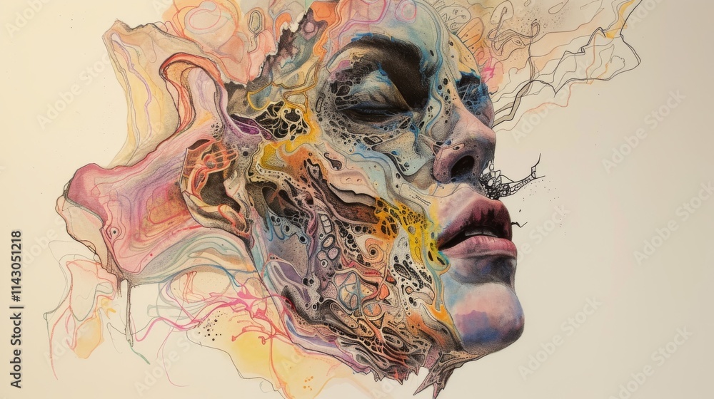 Poster a vibrant and surreal portrait of an abstract face blending intricate patterns and flowing colors, r