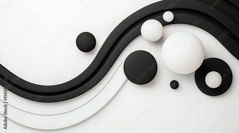 Poster a black-and-white geometric abstract with circular shapes and sharp lines.