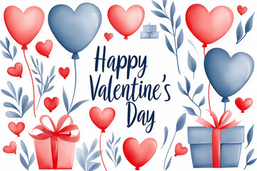 Valentines day greeting card with red and blue balloons and gift boxes