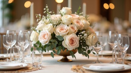 A photorealistic image of an elegant floral centerpiece adorned with white and blush roses, set on a beautifully decorated dining table, highlighting the sophistication of a wedding reception.