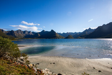 Autumn landscape in Lofoten Islands, Northern Norway, featuring colorful foliage, and a peaceful fjord.