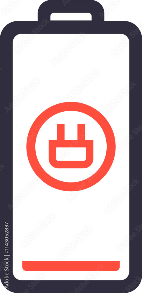 Poster minimalist vector illustration of a low battery with a plug symbol, indicating the need to connect t