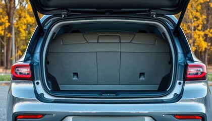 Empty car trunk shows spacious modern design. Practical cargo capacity. Open boot suggests travel. Clean interior. Modern vehicle. Perfect for showcasing practicality. Plenty of space for luggage.