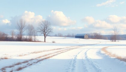Snowy winter landscape with barn. Tracks cross field of snow. Bare trees stand against light blue sky with puffy clouds. Winter wonderland scene. Tranquil and serene. Scenic view of winter outdoors.