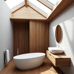 White and wooden bathroom interior tub and sink wood concrete design wood design concrete architecture wall floor modern