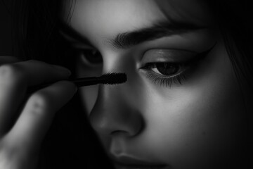 Obraz premium Woman applying mascara with precision under soft lighting, enhancing her eyelashes