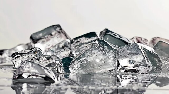 A pile of melting ice cubes on white background. Frozen crushed ice.