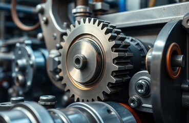 Naklejka premium Close-up view of machine gears. Industrial machinery components finely detailed. Metal parts mesh perfectly. Mechanism works smoothly. Production line part with precise movement. Heavy-duty