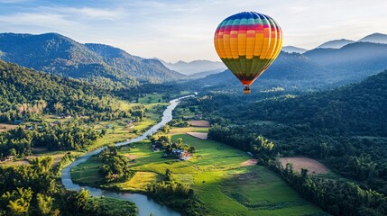 Naklejka premium Vibrant Hot Air Balloon Floating Above the Valley