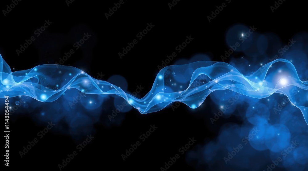 Poster flowing waves of blue light undulate gracefully, illuminating the darkness with sparkling particles.