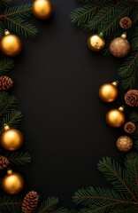 Golden Christmas ornaments, pine branches arranged on dark background. Festive decorations create cozy, minimalist holiday scene. Traditional Christmas elements set mood for winter holidays. Stylish