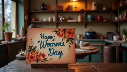 "Happy Women’s Day greeting with floral design in a cozy indoor setting with rustic decor"