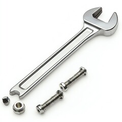 Naklejka premium Wrench and bolts laid out, isolated on a white background, clean details