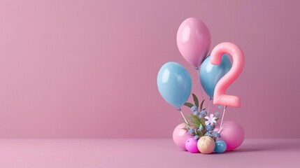  Elegant and minimalistic birthday celebration scene featuring a pastel pink number "2" balloon with accompanying blue and pink balloons, soft floral decorations, and a clean pink background. 