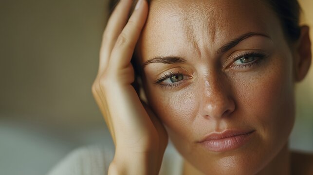 Woman with thoughtful expression, horizontal, ideal for mental health services, wellness programs, counseling promotions and mindfulness content