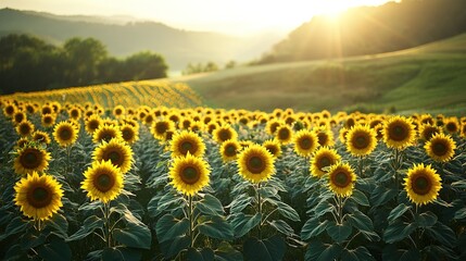 Fototapeta premium Sunflower field at sunset with warm light and hills backdrop
