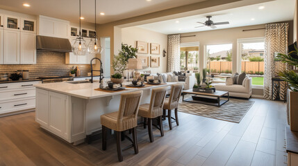 Modern open concept kitchen and living room with stylish furnishings and natural light