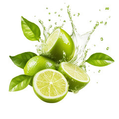 Lime fruit juice splash with leaves