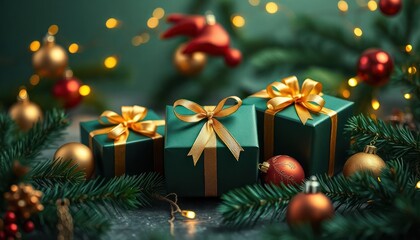 Festive green Christmas gifts with golden ribbons displayed on dark surface. Christmas tree branches, ornaments add to holiday ambiance. Golden, red Christmas baubles placed among gifts. Festive