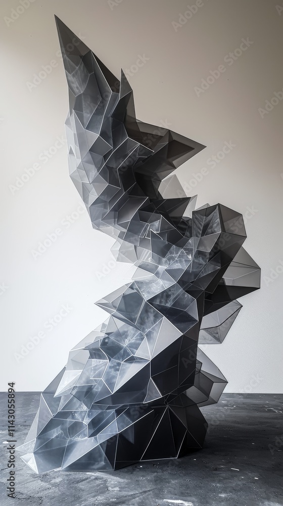 Poster abstract sculpture with sharp angular forms in monochrome tones, evoking a modern and innovative des