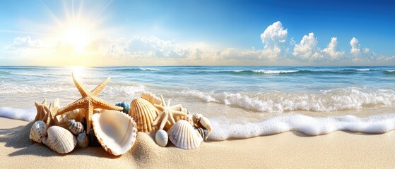 Beach scene with a large number of starfish and shells. Banner